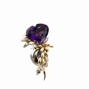Large Heart shape Amethyst in Floral look Brooch