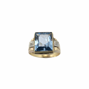 Vintage Man's 10kt ring with Medium Blue center stone and diamond accents