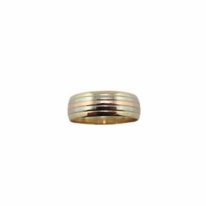 Wide wedding band made of 3 colors of 14kt gold