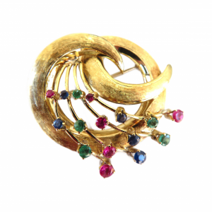 Vintage 18kt Italian  Brooch with Sapphires , Emeralds and Rubies