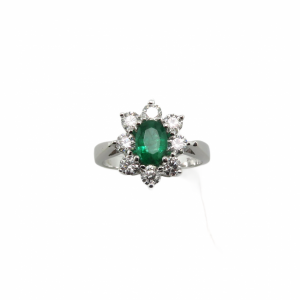 Genuine Emerald and diamond ring in  14kt White gold
