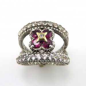 Barbra Bixby White Topaz and Rhodilite Garnet  Silver ring with 18kt accents