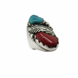 Vintage Native American Red Coral and Turquoise Man's Sterling ring