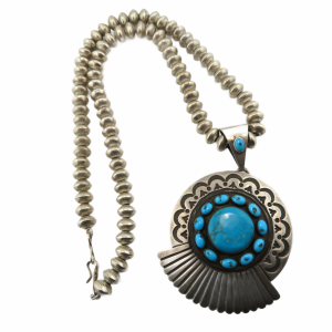 Native American Large Sterling and Turquoise Pendant on Stamped Navajo  Pearls