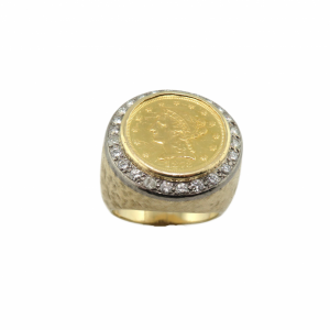 Heavy 2 1/2 dollar gold  coin ring with diamond surround