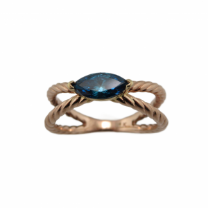 Rose gold cross over band with a Blue Diamond Marquise .65