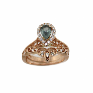 Rose gold Bridal set with pear green/Blue diamond halo center and filigree mounting