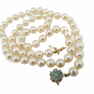 19" Strand of 7mm pearls with vintage Opal cluster clasp