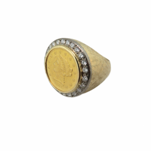Heavy 2 1/2 dollar 1873 Coin ring with 25 diamonds around coin bezel