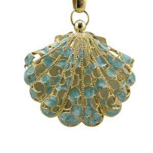Large Scallop Shell with Ocean Blue enamel work in 14kt gold pendant