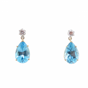 Pear shape Blue Topaz drop earrings with 2-1/4 carat diamonds in Two tone gold