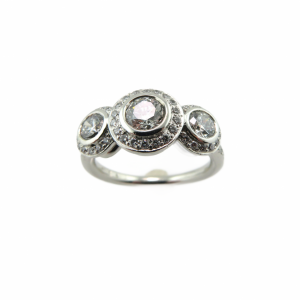 Platinum ring with 3 main round diamonds each with halos 1.40 TCW