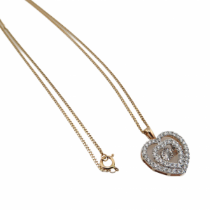 Heart shape "Trembler" double halo necklace in rose and white gold