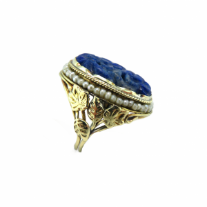 Vintage Carved Lapis and seed pearl ring