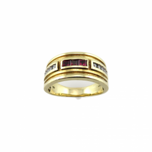 Wide Man's ring with Rubies and Diamonds in 14kt Yellow gold