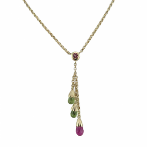 Briolette Green and Pink Lavaliere Necklace in Yellow gold